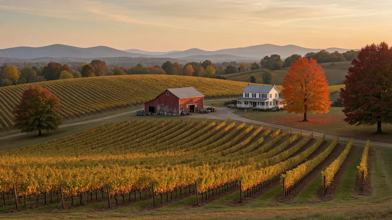 Orange County Virginia wine country in early autumn with turning leaves and foothills