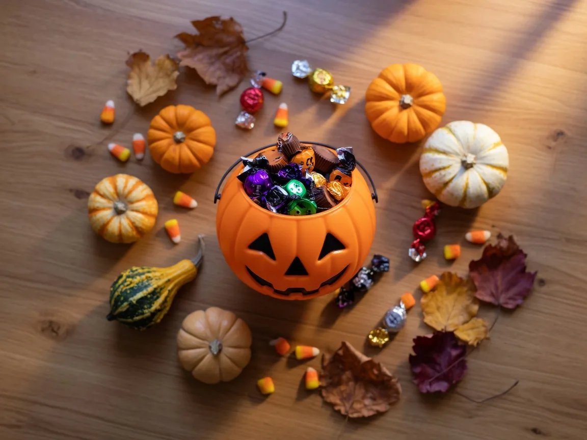 Halloween candy, mini pumpkins and a treat bucket