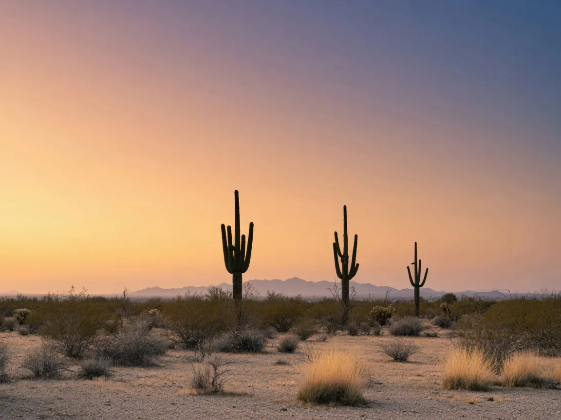 Sonoran desert saguaro silhouettes at sunset west of Phoenix