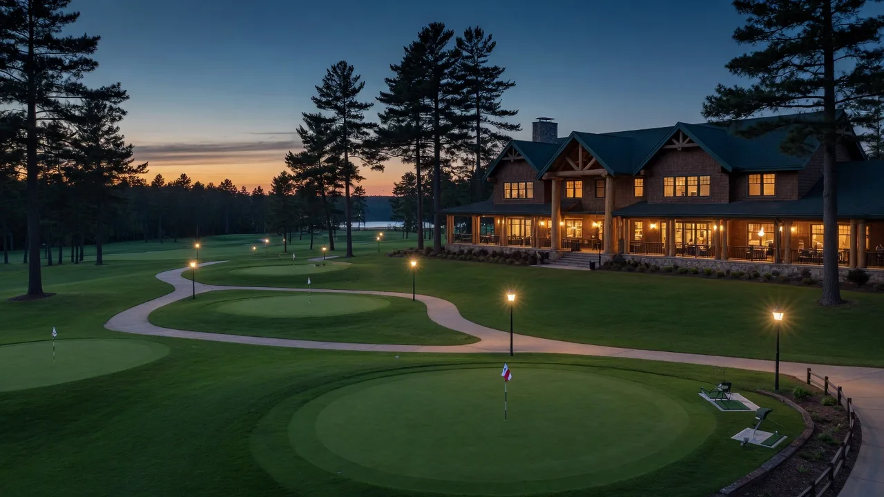 New par-3 golf short course at dusk with lit greens and a warmly glowing three-story timber clubhouse