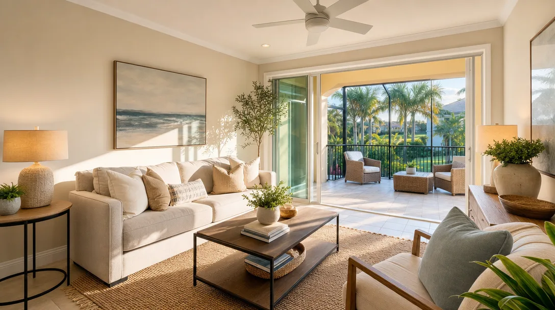 Bright and airy staged living room in a South Florida home with natural light and neutral decor