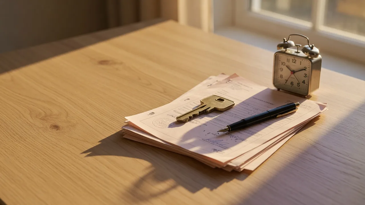 A brass house key resting on a folded stack of sale documents with a pen on an oak desk in warm golden-hour light, representing a home sold fast with the right strategy