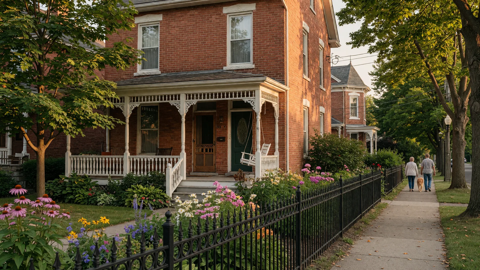 A well-preserved 19th-century brick century home on a quiet tree-lined street in Port Perry, with a covered front porch, gingerbread millwork, black iron fence, and perennial gardens in late-afternoon light