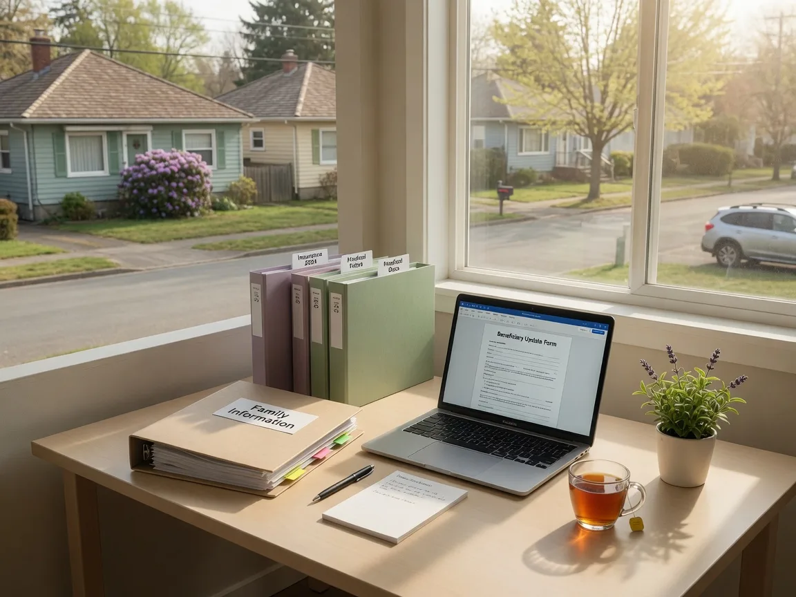 Home office desk with organized file folders, a laptop, and documents in soft morning light