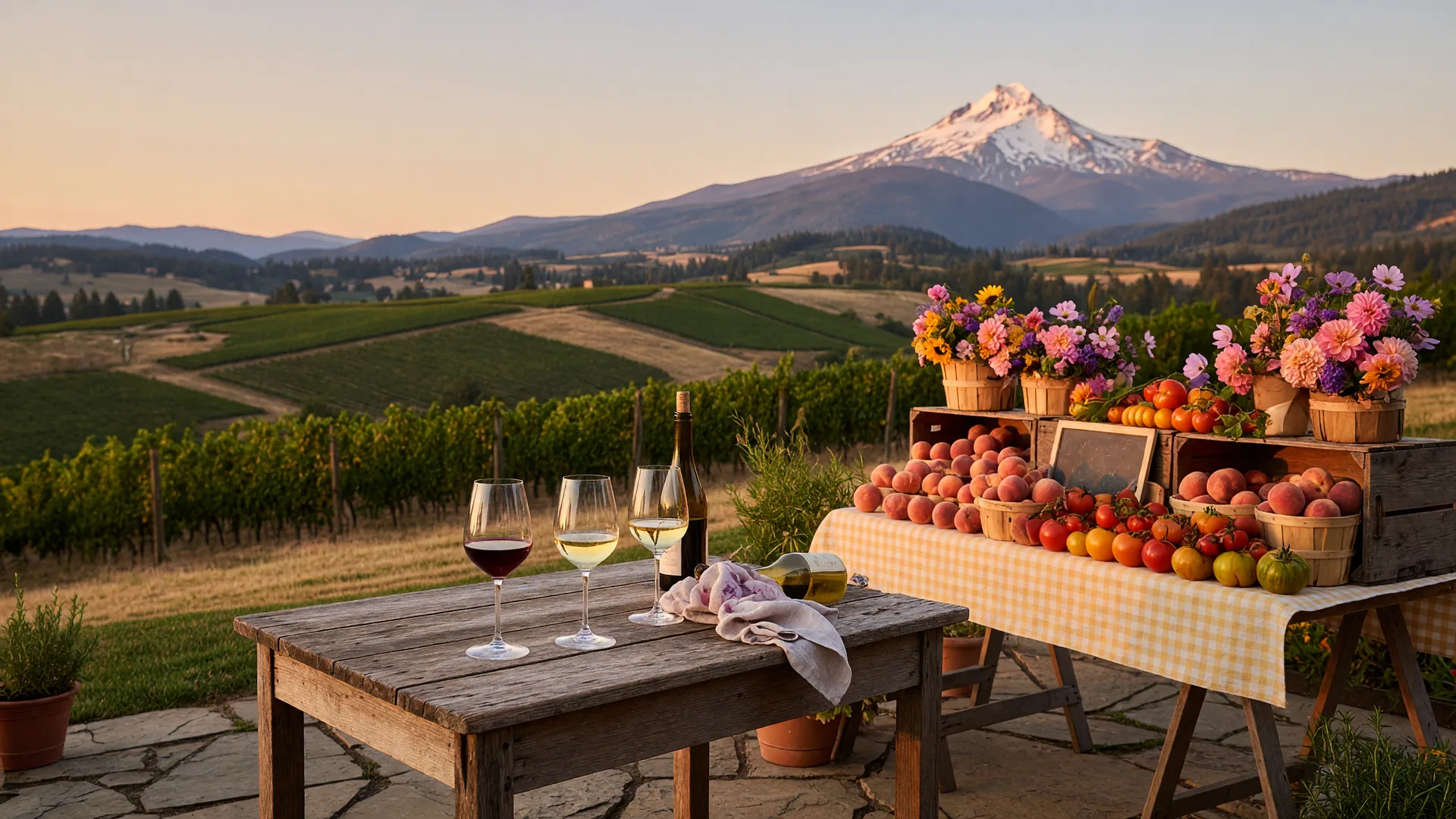 Wine tasting in the Rogue Valley at golden hour with vineyard views and a nearby farmers market stand featuring fresh local produce