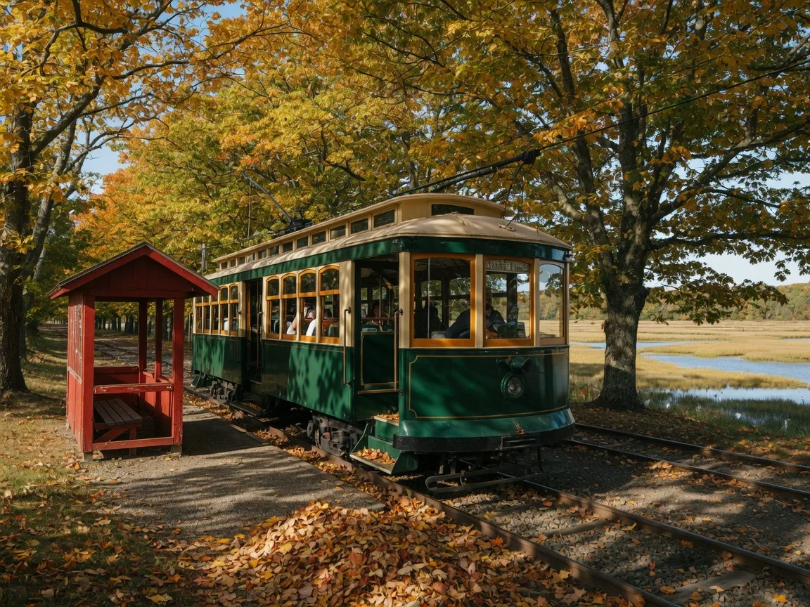 A restored vintage green-and-cream electric trolley car stopped at a red wooden flag stop on a tree-lined rail line in Connecticut on a bright October afternoon