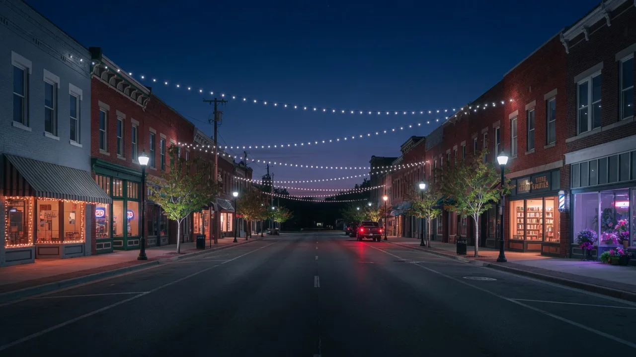Charming downtown Crown Point street at dusk with warm-lit storefronts