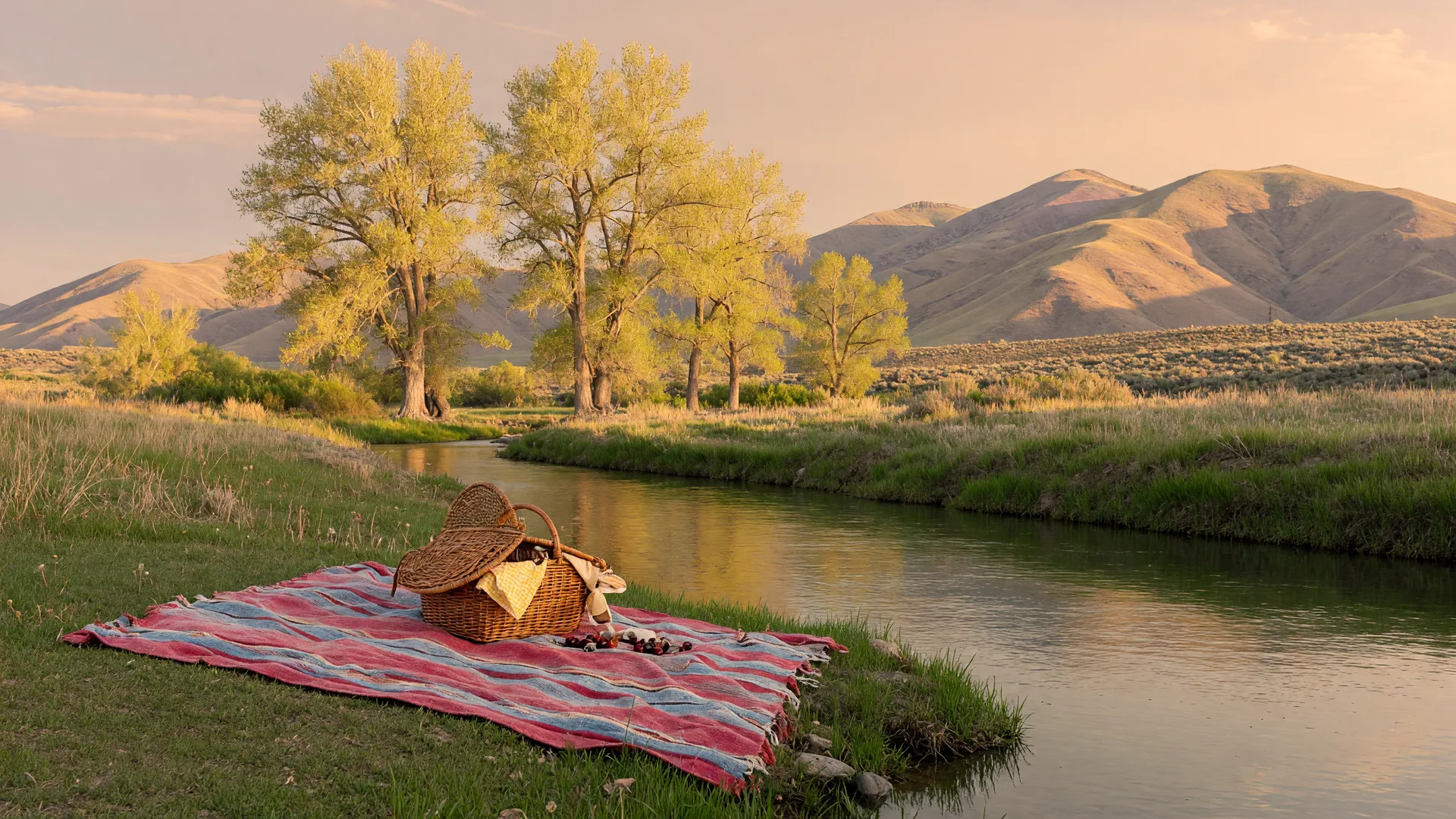 A woven picnic blanket and wicker basket on a green riverbank near Carson City, with a calm river, cottonwood trees, and low mountains in golden light.