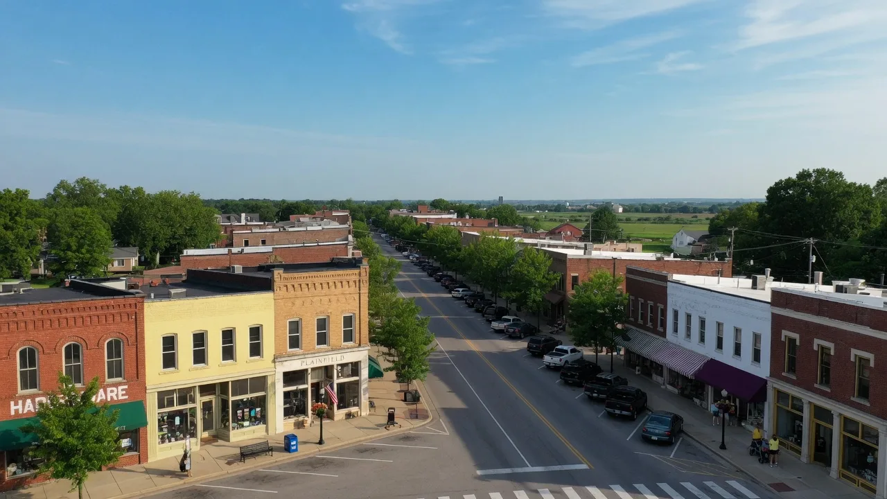 The US-40 shopping and residential corridor in Plainfield, Indiana with brick homes and a wide Midwest sky