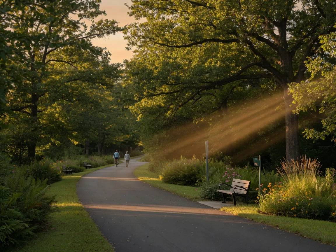 A paved greenway trail running through trees in Spartanburg, part of the Mary Black Rail Trail