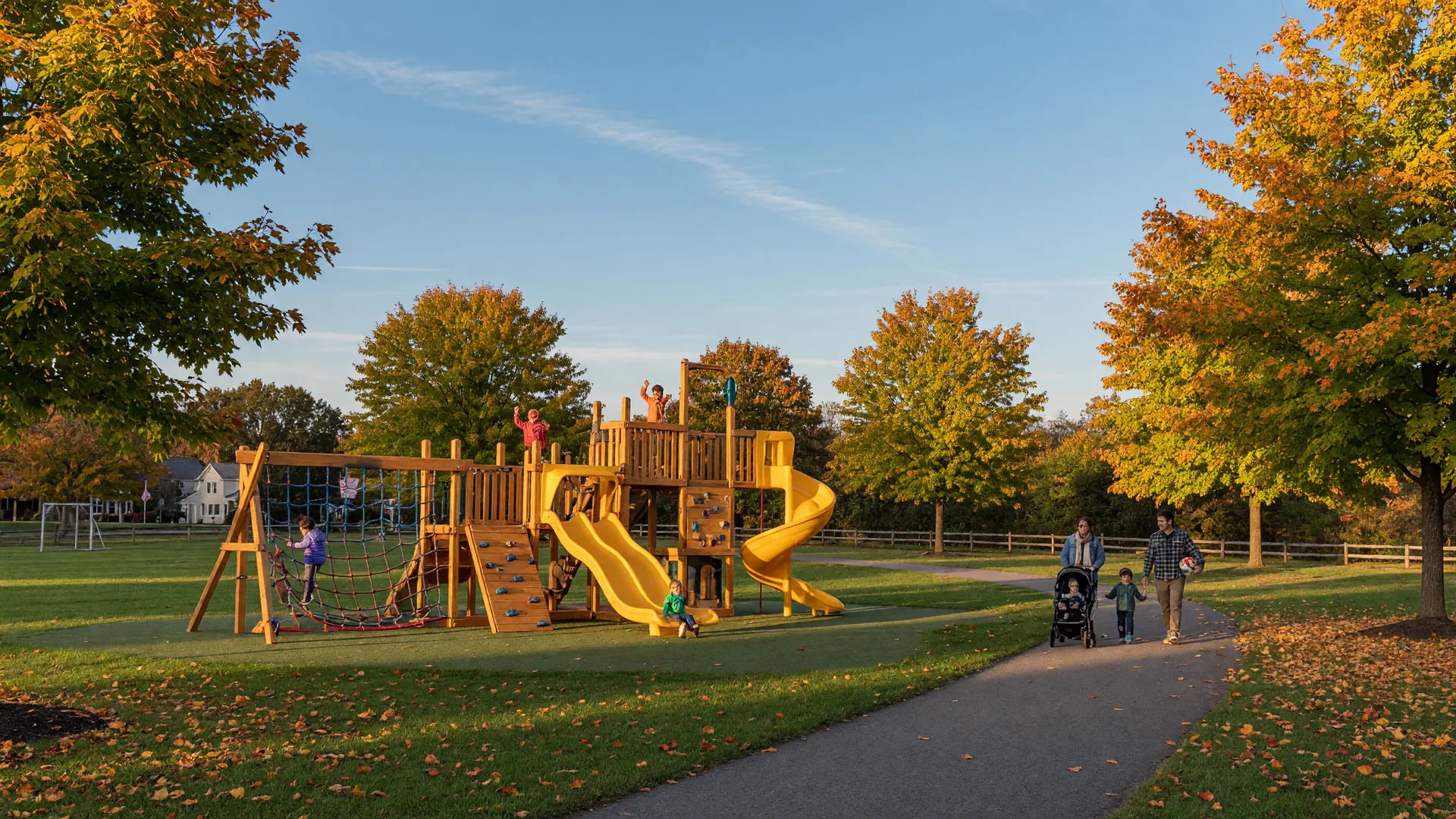 A wooden playground in a tree-lined Cinnaminson township park with autumn maples