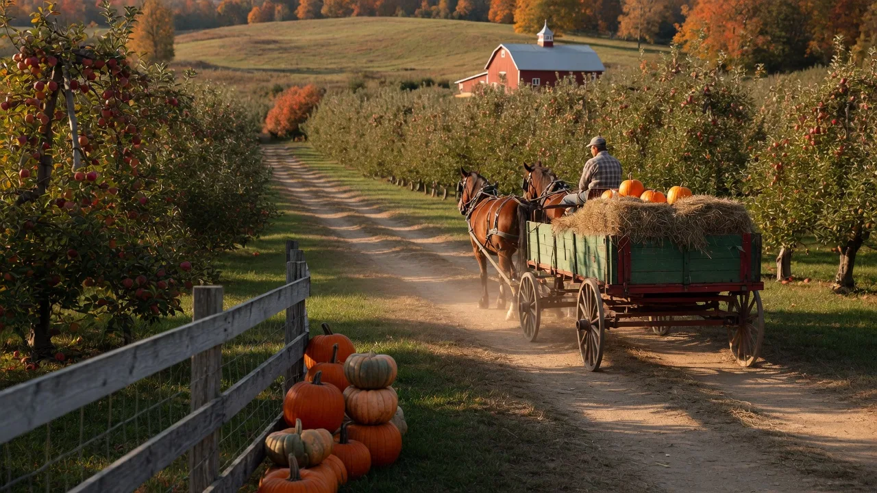 A horse-drawn hay wagon rolling through a sunlit Ohio apple orchard at golden hour, with pumpkins stacked by a wooden fence