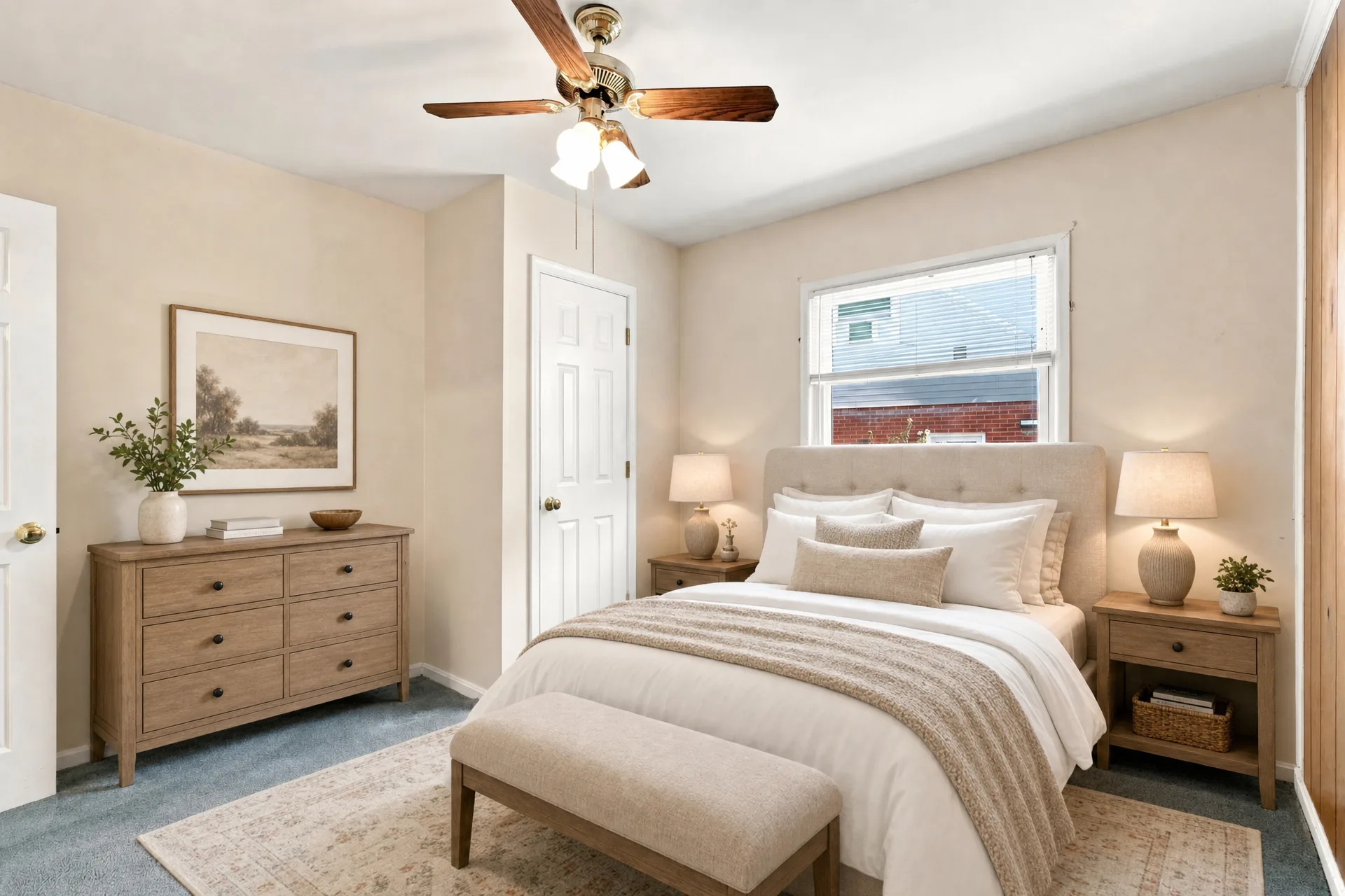 Bedroom interior with beige walls, gray carpet, and wooden closet door