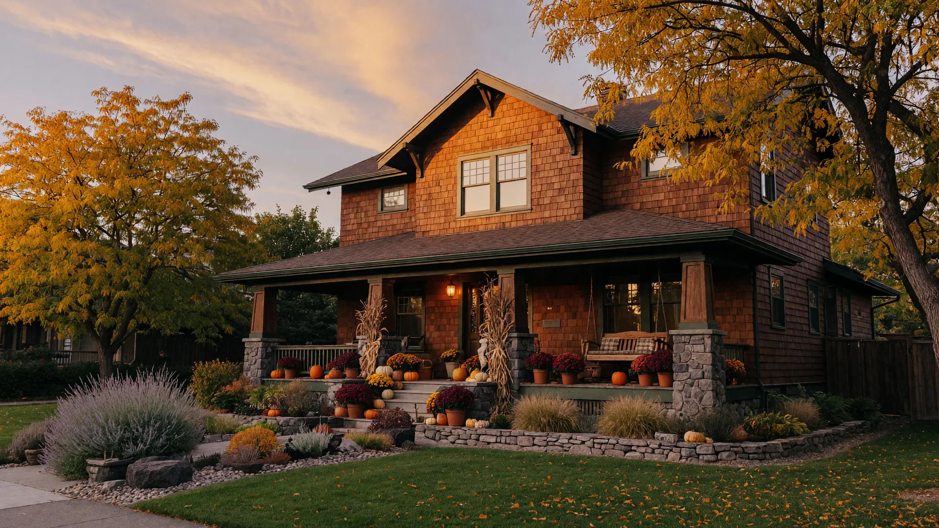 A welcoming craftsman home in the Tri-Cities with warm fall decor on the porch in late summer light