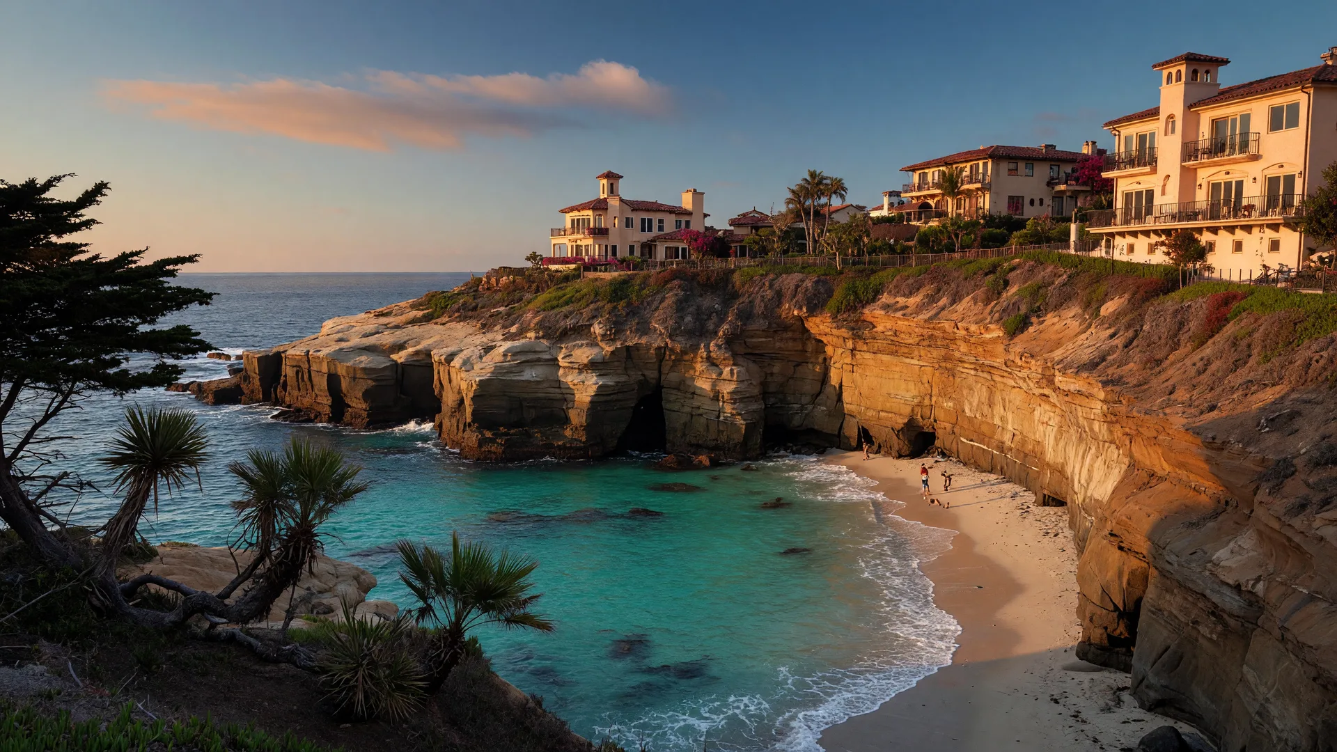 La Jolla Cove at golden hour, with sandstone cliffs dropping to a turquoise cove and Mediterranean-style homes above the shoreline