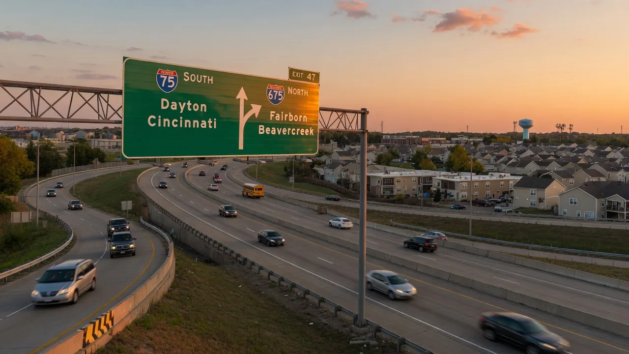 Aerial view of a busy Dayton Ohio highway interchange at golden hour with I-75 and I-675 signs and flowing traffic