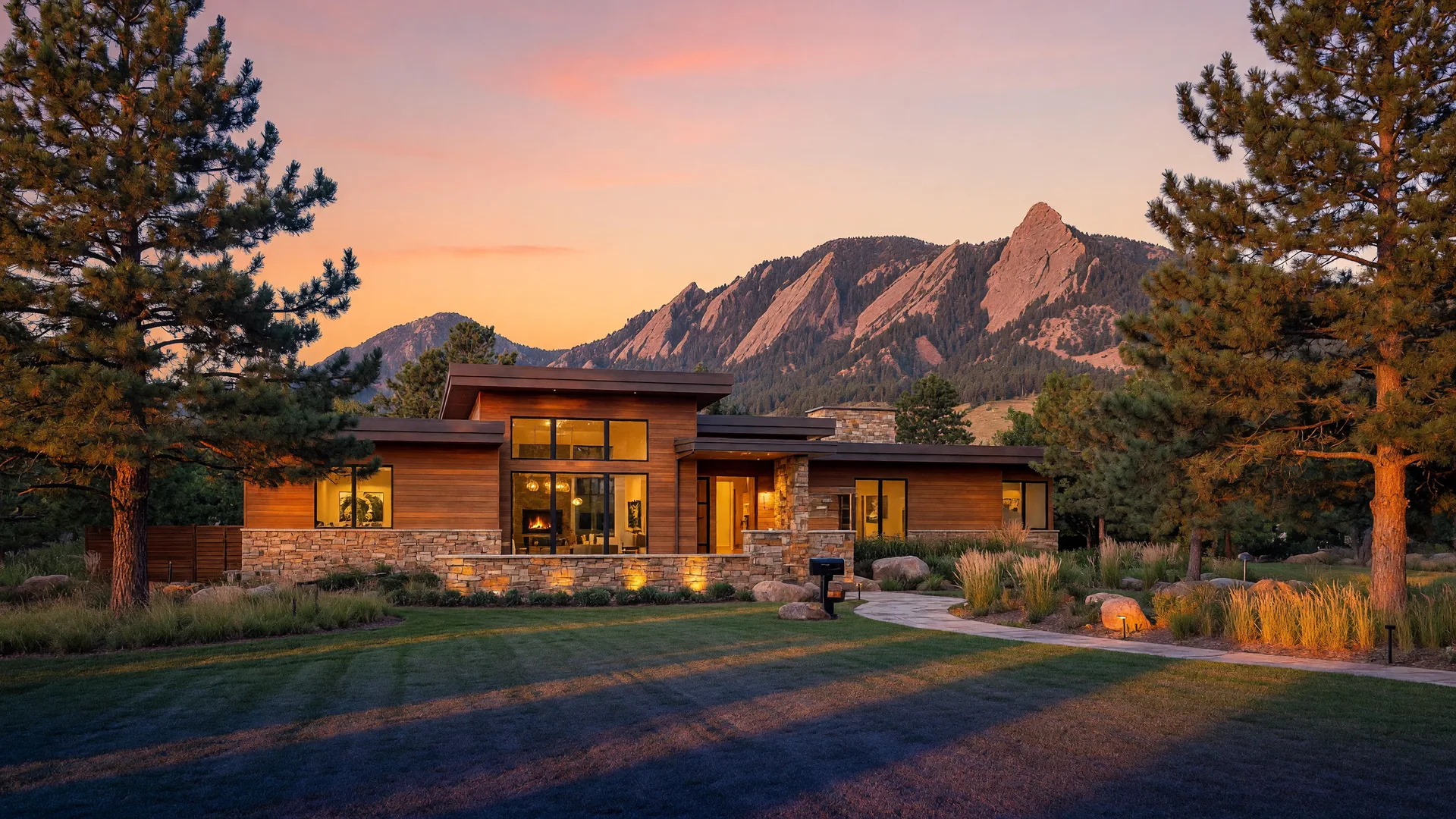 Modern luxury home in Boulder, Colorado at golden hour with the Flatirons in the background