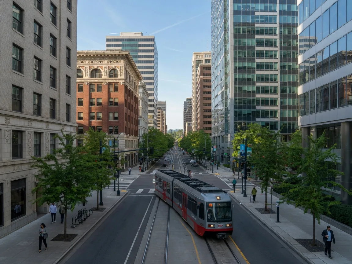 Downtown Portland office towers at street level with a MAX light rail train on the street
