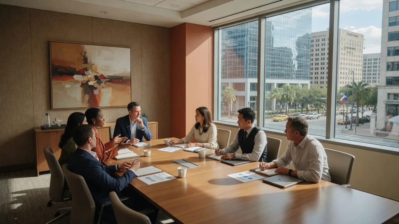 Modern Texas conference room where professionals discuss workforce development around a long wooden table with a city view