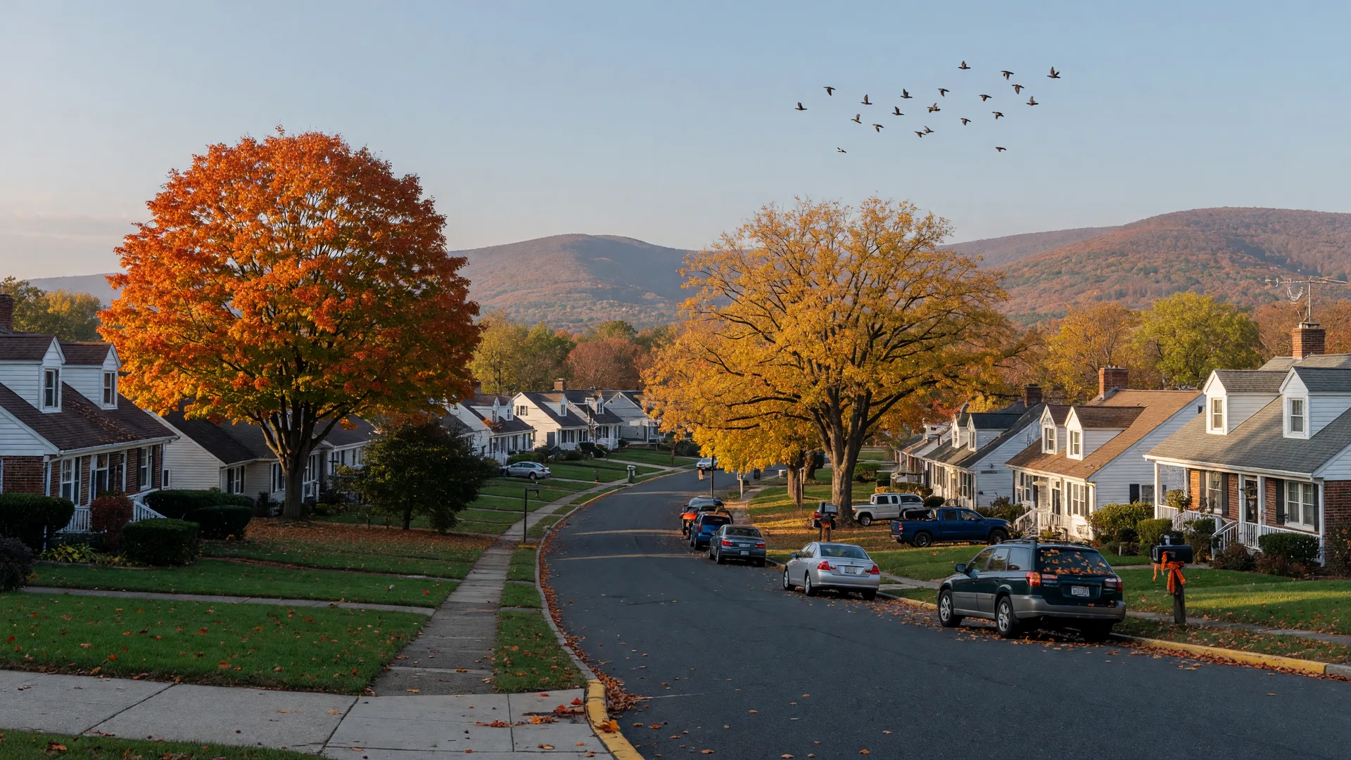 Leafy autumn hillside street in Cedar Grove NJ with homes on large lots and hills rising beyond the rooftops