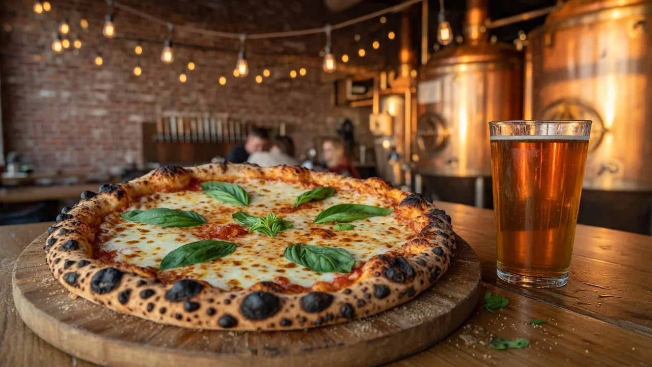 Wood-fired Neapolitan pizza and a glass of amber craft beer on a brewery taproom table with warm string lights glowing in the background
