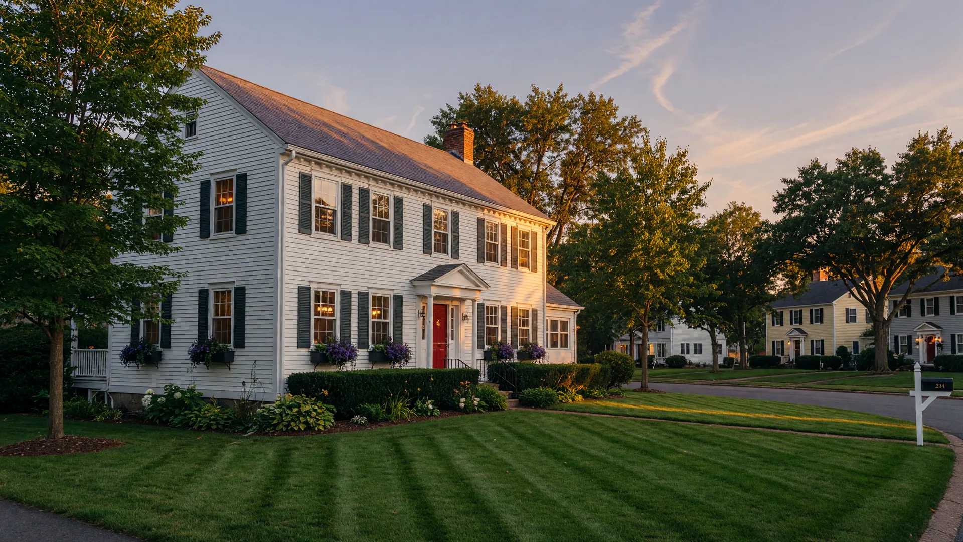 A well-maintained suburban colonial home on a tree-lined Lehigh Valley street at golden hour