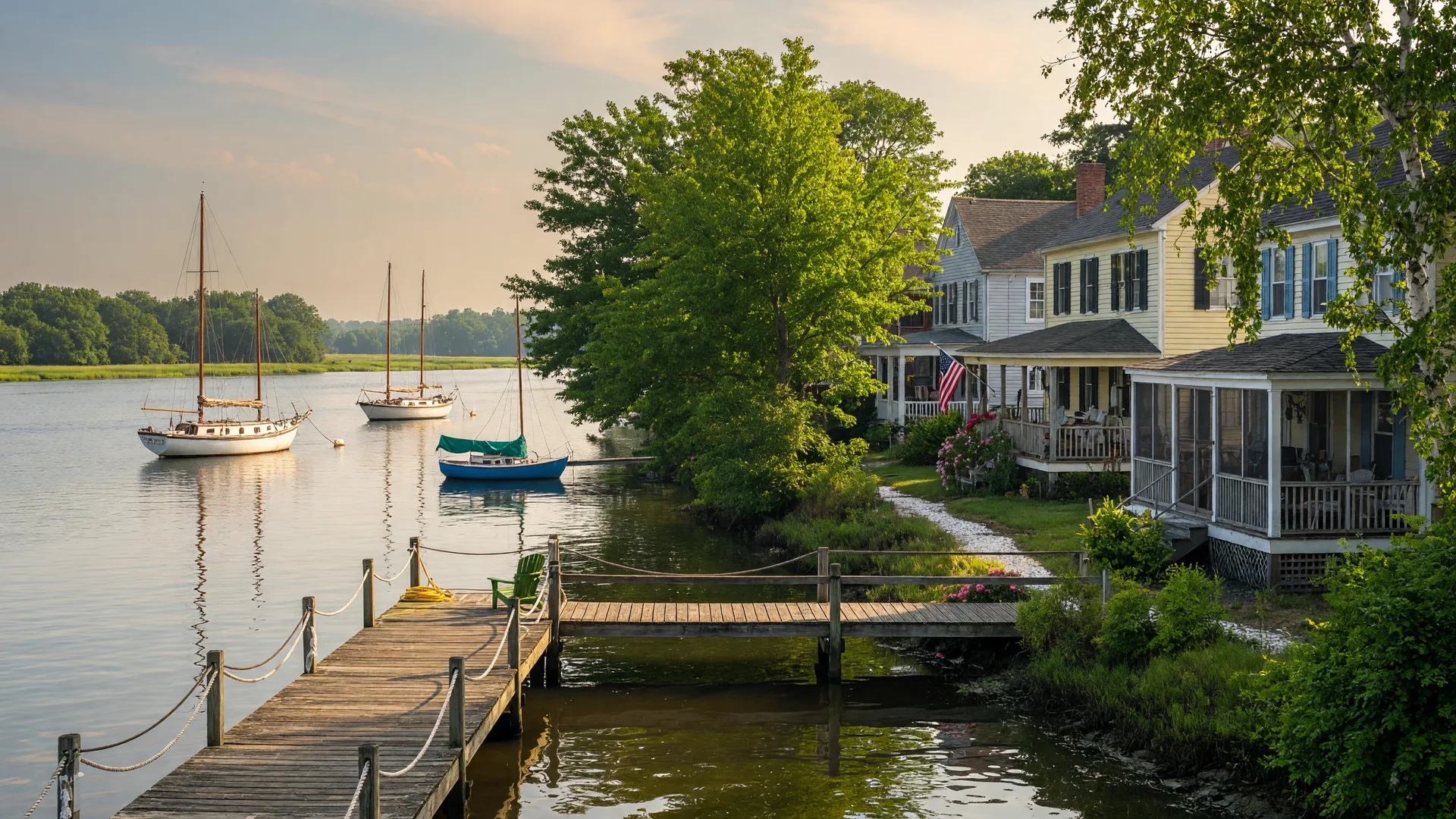 Tranquil South Jersey waterfront scene with a wooden dock, sailboats, and historic homes in warm afternoon light
