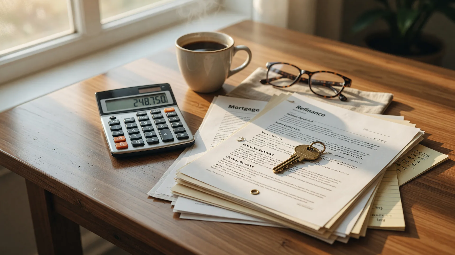 Home equity financial planning scene with a calculator, refinance documents, a coffee cup, and a brass house key on a wooden desk in soft morning light