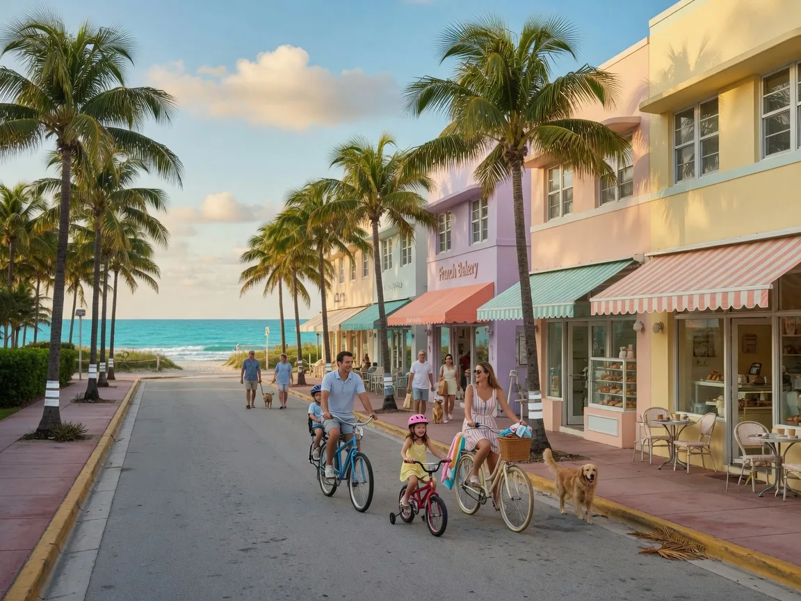 A walkable Surfside main street of pastel cafes and bakeries with bicycles and palms, the ocean glinting at the end of the block