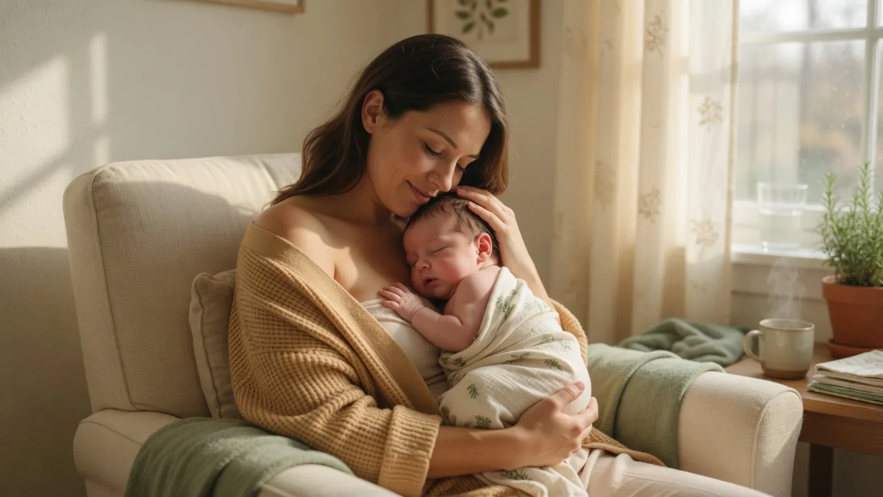 Mother tenderly holding her newborn baby in a cozy sunlit living room with warm cream and green tones