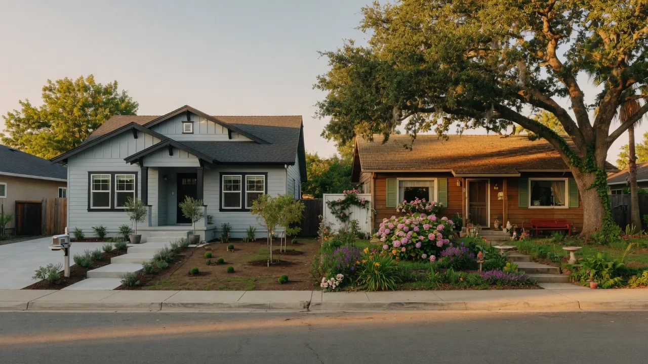 Golden-hour comparison of a new modern craftsman home beside an established ranch-style home with a mature oak tree