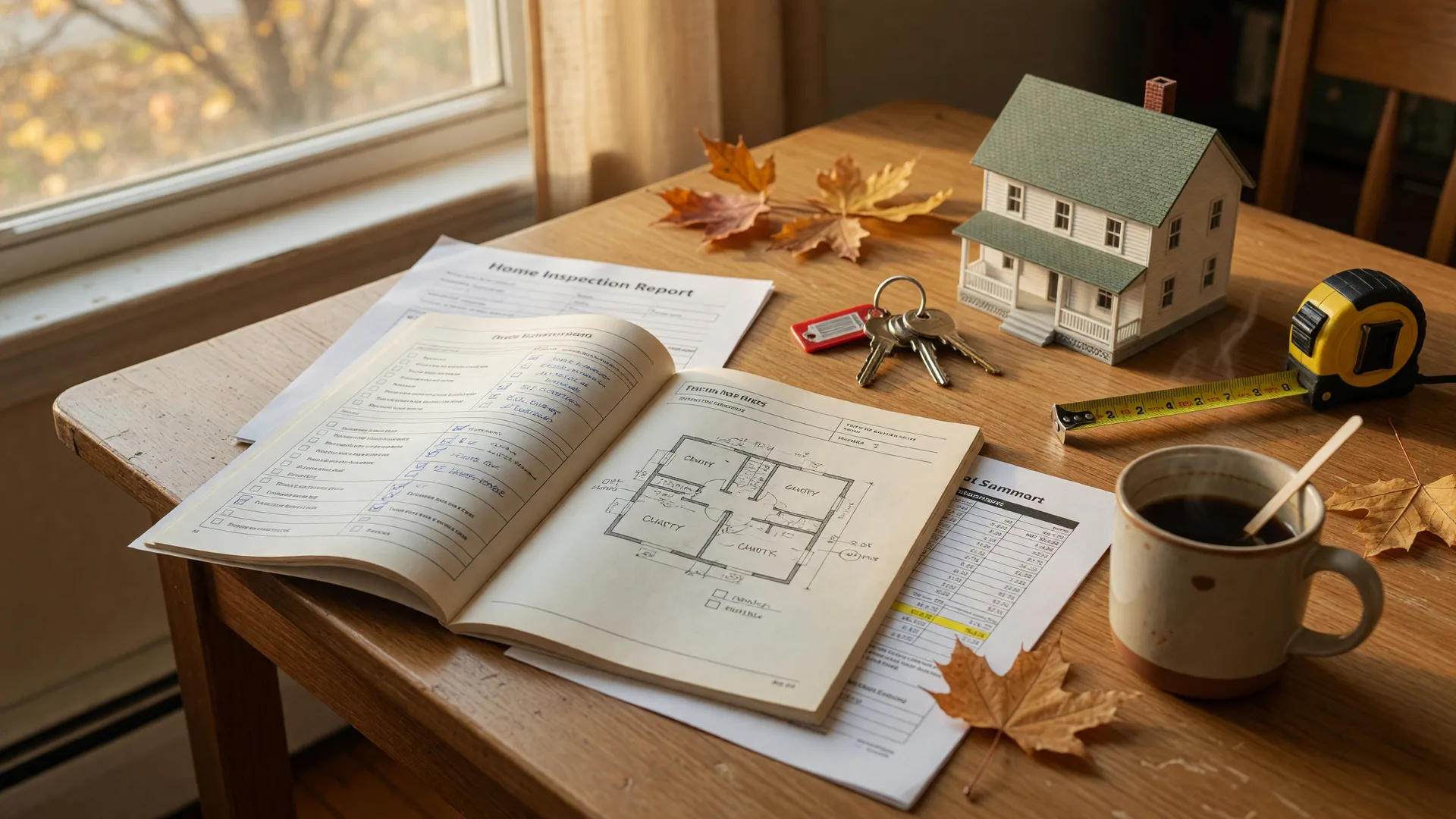 A first-time home buyer's autumn planning table with an open home inspection report, an appraisal summary, brass house keys, a model home, and a tape measure in warm window light