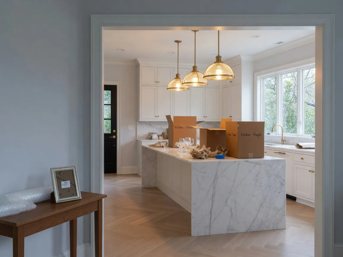 Elegant foyer and marble kitchen island in a luxury Knoxville home with neatly stacked moving boxes and packing paper, soft diffused natural light