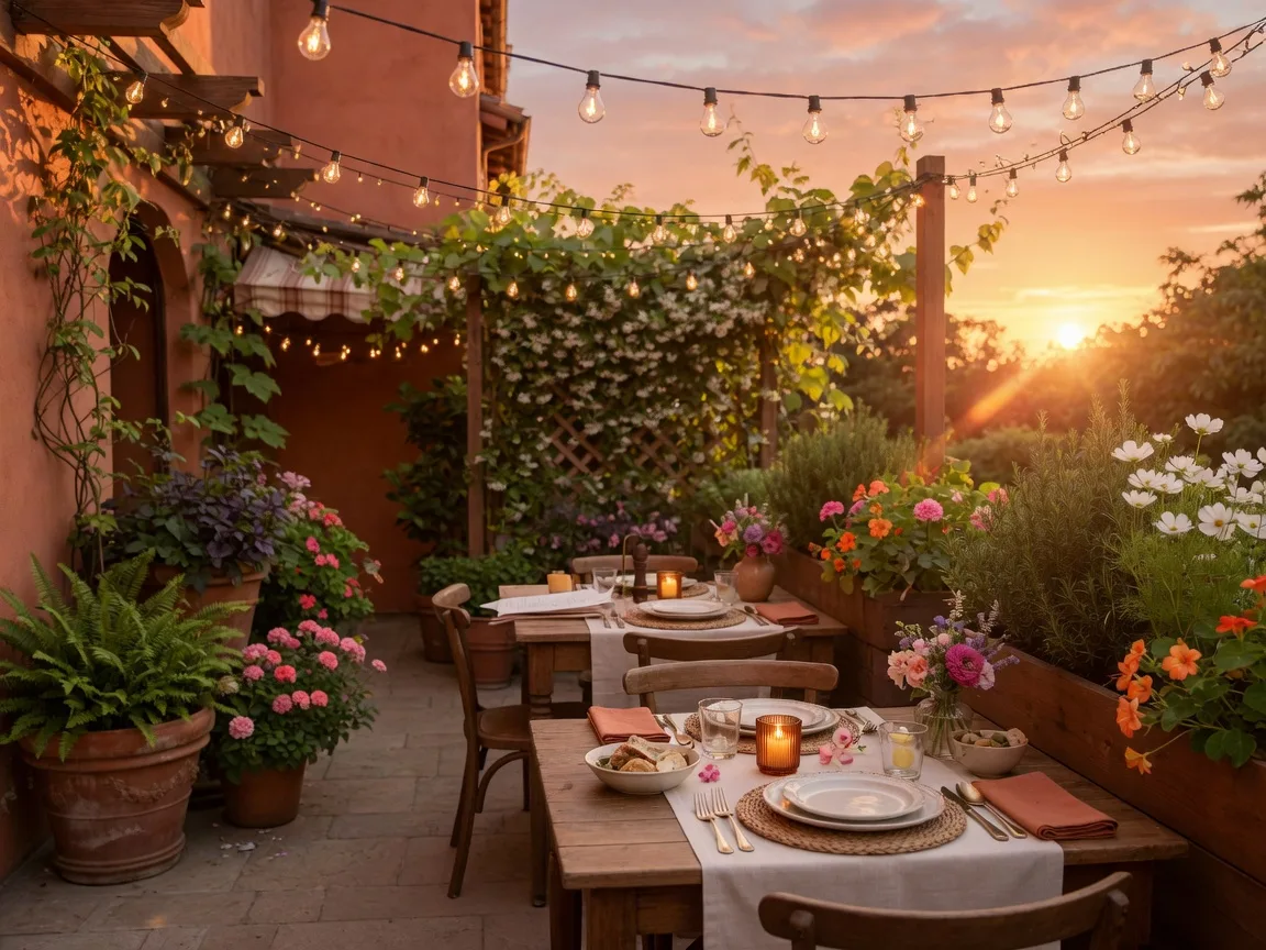 Warm-lit outdoor restaurant patio with string lights at golden hour