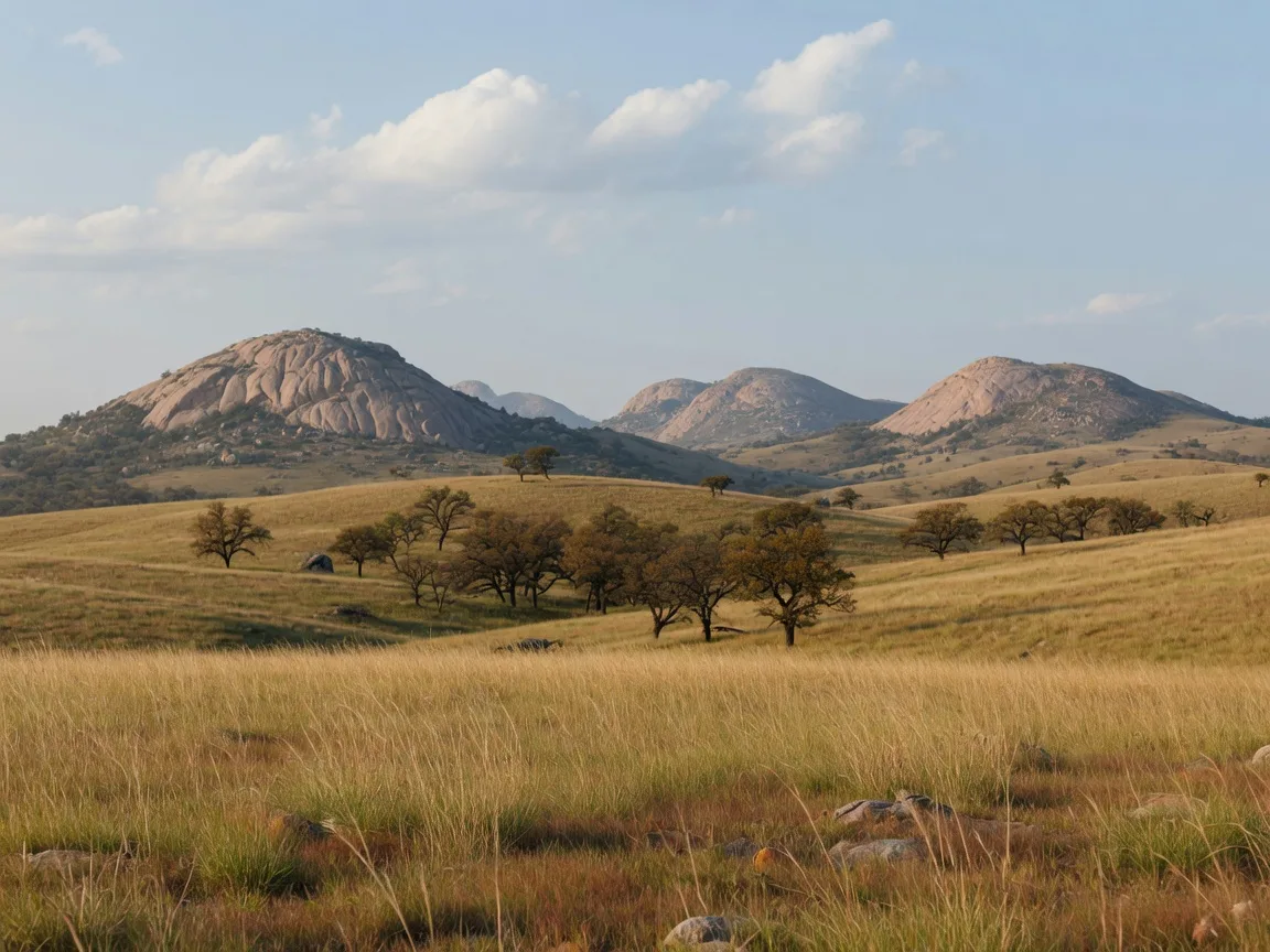 Rounded granite peaks of the Wichita Mountains rising above golden prairie