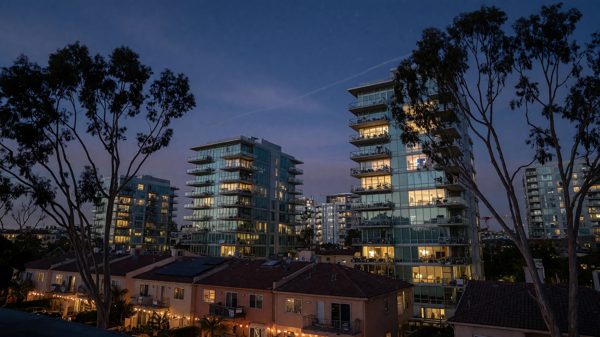 San Diego residential towers and rooftops at dusk seen between eucalyptus silhouettes under an indigo sky