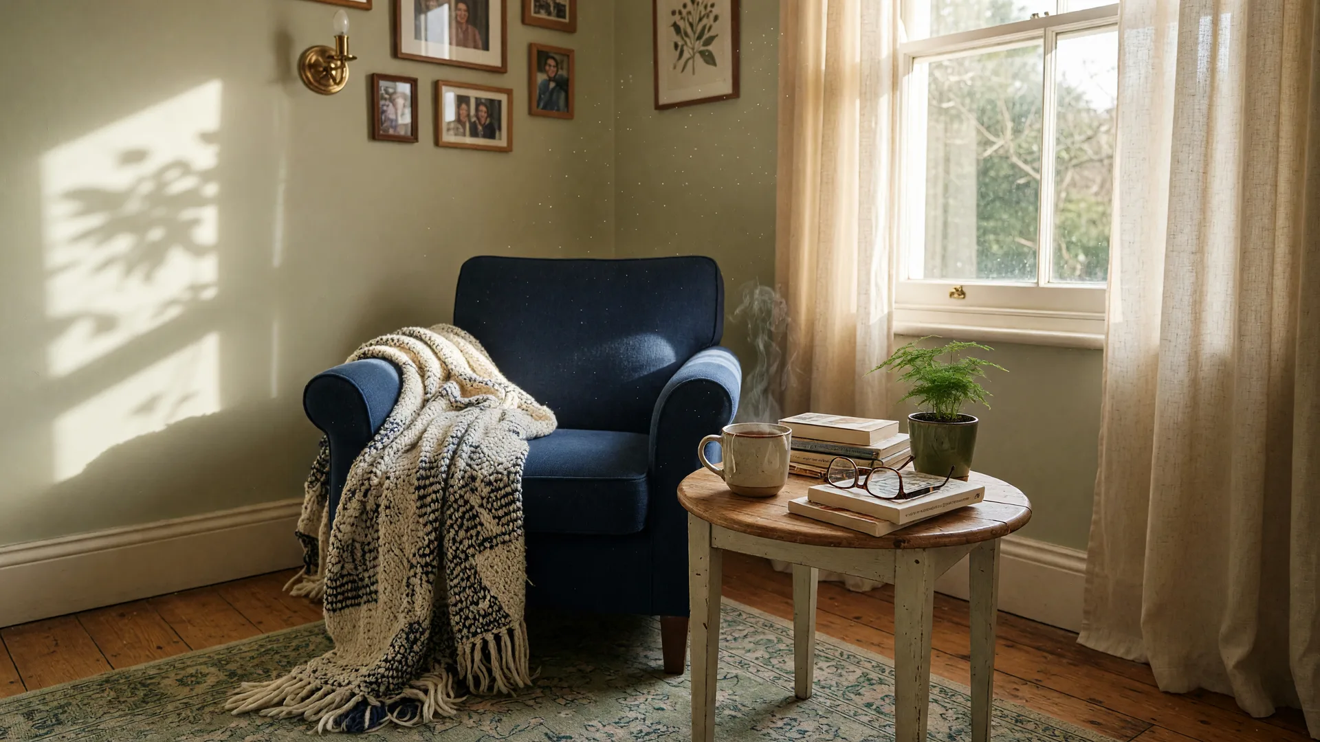 A warm, sunlit living room with a comfortable armchair, reading glasses, and tea -- the setting where many families have important conversations about the future