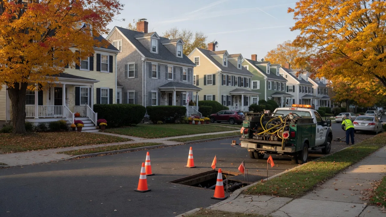 A quiet residential street in Bloomfield NJ on an October morning with Colonial and Cape Cod homes, autumn maples, and a municipal water utility truck working at the curb