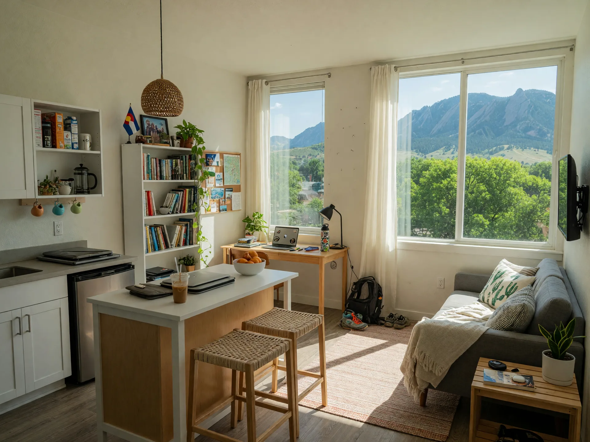 A bright compact condo in Boulder with a study corner and floor-to-ceiling windows, the kind of unit families buy for a student