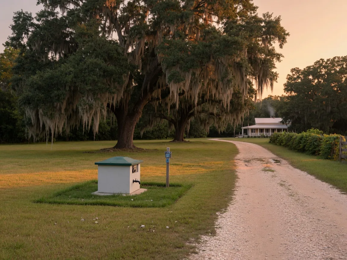 A rural Dorchester County homesite with a wellhead in a grassy yard beneath live oaks, the setting where well water and septic systems are common