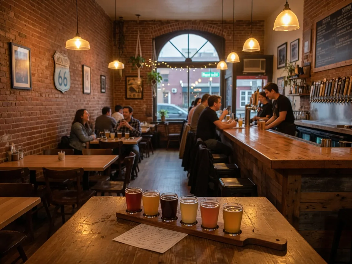 Warm and welcoming taproom interior at Sidetrack Brewing Company in downtown Albuquerque with wooden tables, tap handles, and a cozy neighborhood pub atmosphere