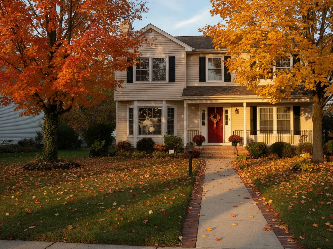 A well-kept suburban home in Lake County, Illinois on a crisp autumn afternoon, framed by maples in full fall color