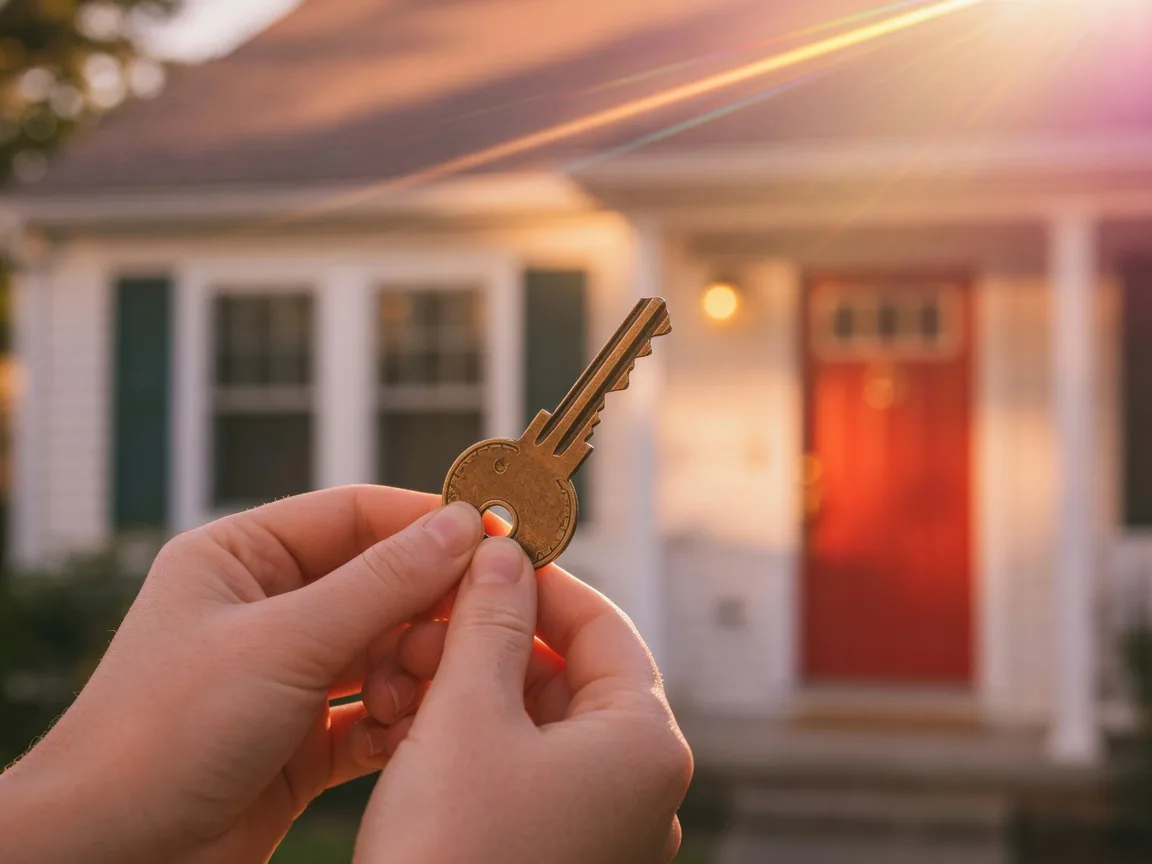 Two hands holding a brass house key in front of a softly blurred home at golden hour