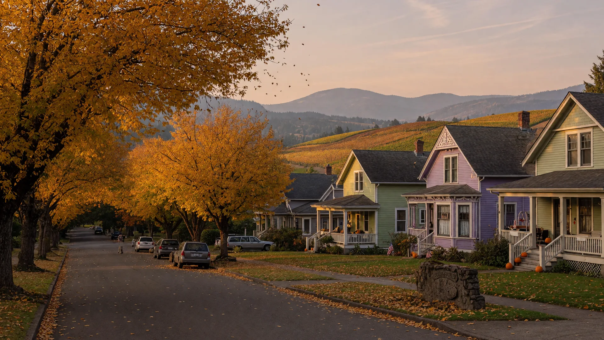 A quiet Newberg street in early autumn, Craftsman and Victorian porches beneath a golden maple canopy, vineyard hills rising toward the blue Chehalem Mountains