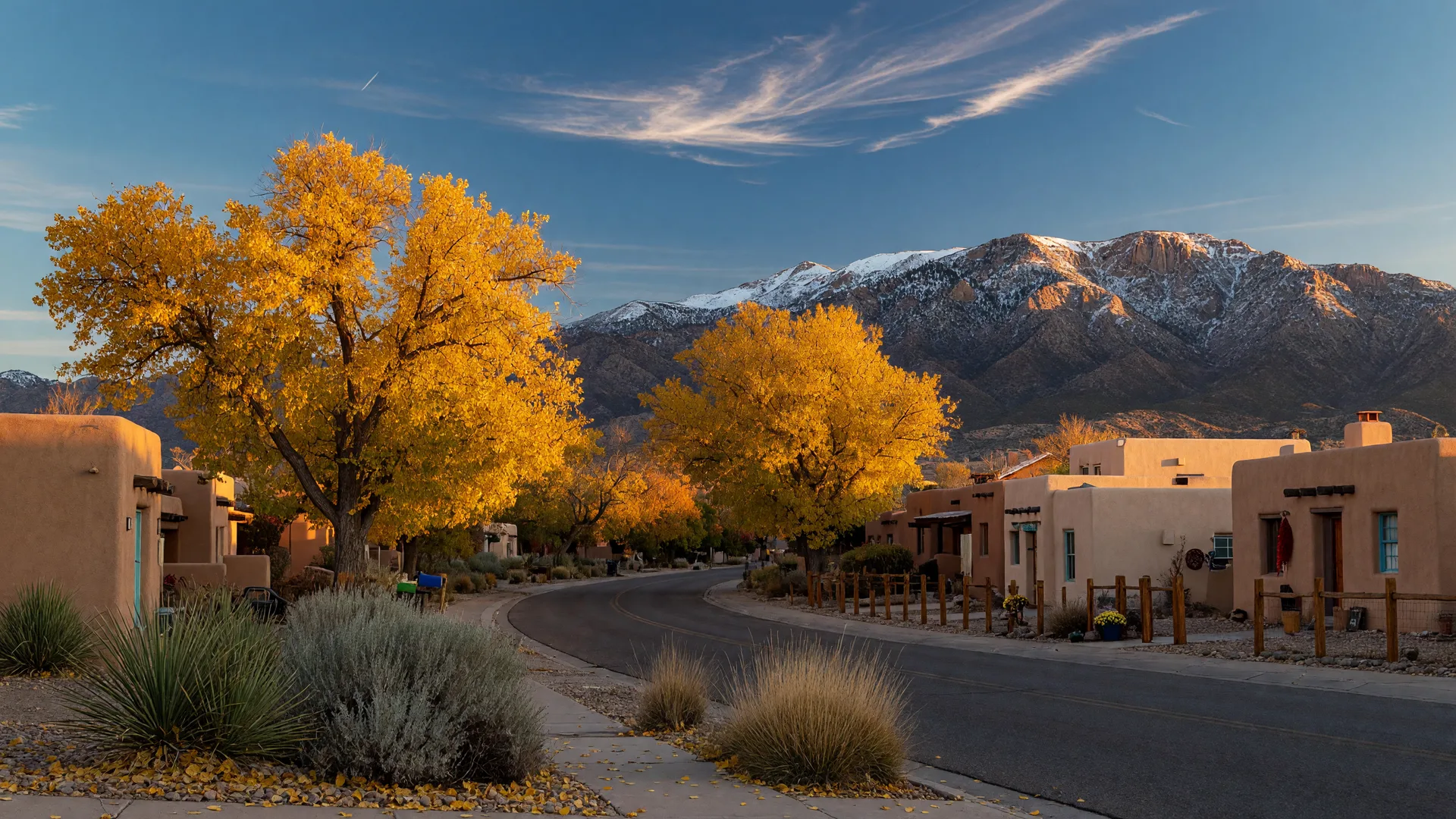 Golden cottonwoods lining a quiet Albuquerque street in late October, warm autumn light on curved stucco adobe-style homes with vigas, and snow-dusted Sandia Mountains rising behind under a deep blue sky