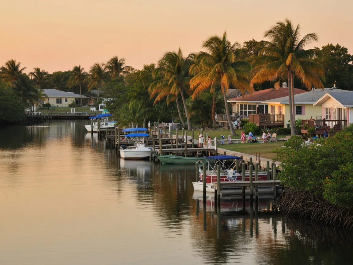 Calm water of the St. Lucie River in Palm City, with docks and homes along the bank at golden hour