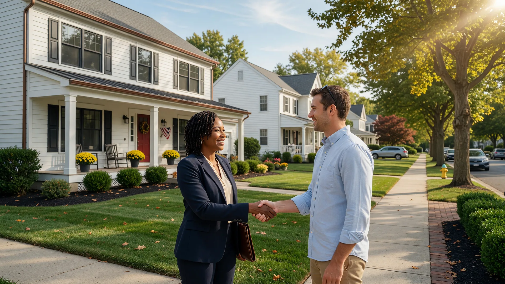 Real estate agent shaking hands with a home buyer in front of a modern colonial home in South Jersey