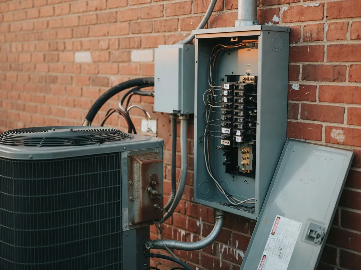 Close-up of a central air conditioning unit and electrical panel on the exterior of a Southern home, key items inspected before listing