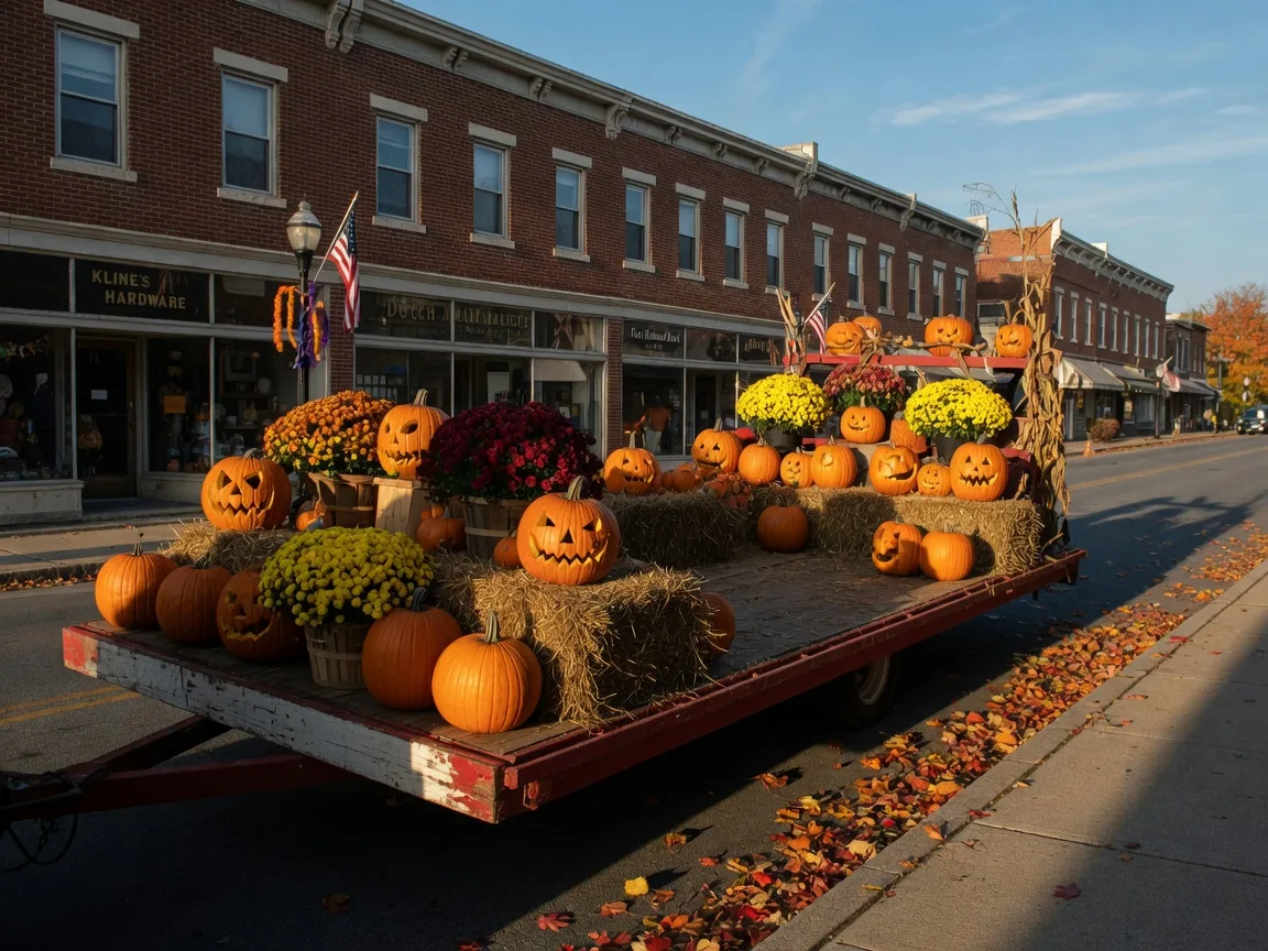 A vintage-style Halloween parade float decorated with carved pumpkins, mums, and hay bales on a small-town main street lined with brick storefronts