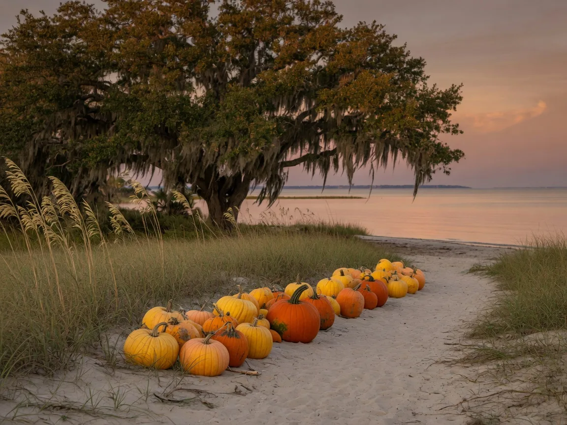 A coastal pumpkin patch in golden October light under a moss-draped live oak, with sea oats and dunes in the foreground